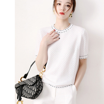 Japanese womens high-end comfort and smooth nano-wire Tencel small fragrance color dotted line sweater short-sleeved women