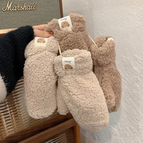 Japanese winter lamb suede small bear stickup gloves female hanging neck cute winter riding plus suede to thicken warm and chill