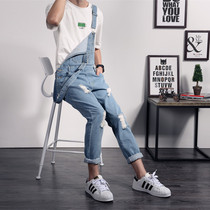 Spring and summer bib mens fashion youth Korean version of the British small feet suspenders Slim-fit tooling one-piece denim pants