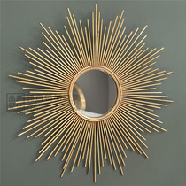 Wrought iron hanging mirror round sun decorative mirror art background wall mirror entrance mirror antique gold corridor wall hanging mirror