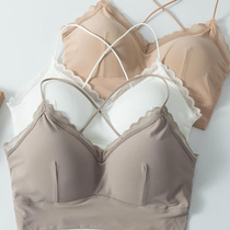 Ice silk beauty back anti-walking breast wife summer lace cross shoulder band with small chest gathering thick dew underwear