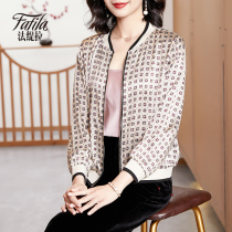 Printed silk jacket womens short spring and autumn new long-sleeved jacket thin section fashion baseball uniform womens large size all-match