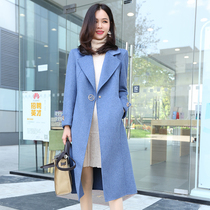 Blue coat women's double-sided cashmere medium and long temperament waist dark buckle autumn and winter Joker wool coat slim and slim