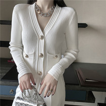 ADO knitted cardigan in spring and autumn slim short white long sleeve v-neck small fragrant female wind coat 2021 new style