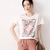 White t-shirt female summer short sleeve round collar loose with lean fashion 100 lap temperament heavy and genuine silk printed blouses