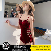 INS Small Red Book Sexy Conjoined Wine Red Velvet Strap Holiday Windbathing Suit Women Steel Toting to Lean Swimming Dress