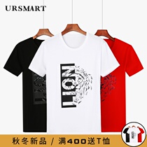 Short-sleeved T-shirt mens summer new youth fashion abstract lion head print mens round neck cotton shirt top