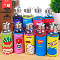 Cute cartoon glass portable water cup with cup cover anti-hot water bottle student male and female couple casual Cup