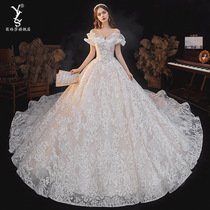 One word shoulder thin French light wedding dress 2021 New pregnant woman temperament large size Hepburn tailed Super fairy dream