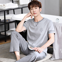 Men's Pajamas Summer Cotton Thin Short Sleeve Pants Cotton Comfortable Leisure Teenagers Large Size Home Wear