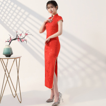 Etiquette clothing female welcome cheongsam short sleeve red Award young lady uniform 2021 New Autumn Winter show long performance