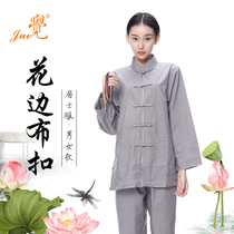 Juepai stand collar lace cloth buckle men and womens clothing spring and autumn gray meditation suit suit Buddhist law volunteer uniform