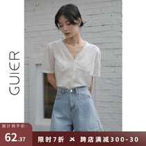 GUIER lace spliced denim shorts women 2022 Summer new high waist loose with slim and wide leg hot pants