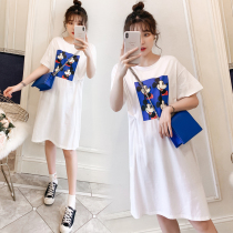 Large size maternity summer cotton short sleeve T-shirt 200kg pregnant women loose long slim dress coat tide