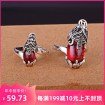 East silver foot silver 990 garnet cat ring vintage mens and womens open adjustment ring gift