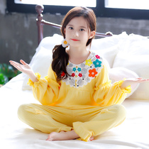 Childrens pajamas Girls spring and Autumn pure cotton long-sleeved cartoon suit Big child little girl Western style floral home clothes