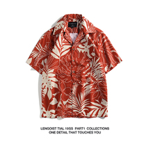 Japanese style men and women loose Hawaiian Red big flower casual retro 70s coast breathable short sleeve shirt