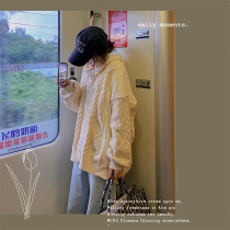 Seven4lee small red coarse linen flower Lazy Wind Sweater Jacket Woman New Loose Thickened Lian Hat Knit Cardiovert