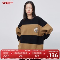 (WUT sugar-free brand) original American campus style black brown stitching thick stripe 500g warm sweater