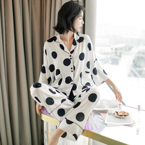  Womens silk pajamas Womens summer thin section can be worn outside ice silk loose two-piece home service suit ins wind