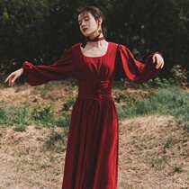 French vintage red waist slim lace-up long sleeve dress travel wine red dress Super fairy dress