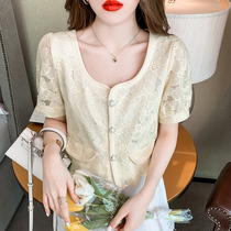 2022 Summer short sleeve French Hollowed-out Lace Embroidered Shirt Woman collar Short jacket 100 hitch to make a small shirt