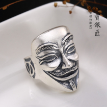 Eight treasure silversmith 990 foot silver V word vendetta mask ghost hand ring Han version retro personality opening male and female ring