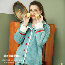 Fenten winter coral suede pajamas woman long sleeve cardiovert cardiff with thickened flannel teen girl warm two sets