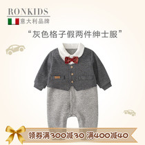 ronkids baby clothes autumn male baby gray plaid fake two-piece gentleman romper jumpsuit one-year-old banquet