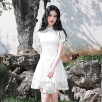 White modified cheongsam young girl lace French little dress 2021 new summer short