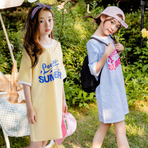 Girls Casual Dress 2021 Korean Spring Summer Striped Letters T-shirt Kids Round Neck T-shirt Long
