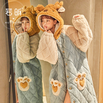 Coral velvet pajamas womens autumn and winter long thick dressing gown three-layer flannel sweet and lovely home wear