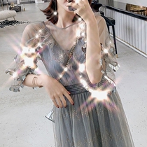 Fairy dress two-piece irregular sleeve sequin mesh gauze skirt high waist slim socialite Net red holiday dress summer