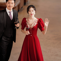 Bridal Toast Woman 2022 New Wedding Summer Temperament Slim Wine Red Engagement High-end Evening Gown Dress