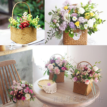 Square sea grass woven handmade basket hand woven storage basket flower packaging material flower basket literary Special