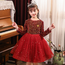 Next win high-end girls dress Spring and Autumn New bow sparkling beads gold velvet cotton princess skirt
