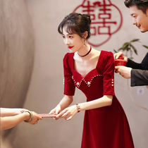Bride wedding toast red temperament 2021 New engagement door light luxury evening dress velvet autumn and winter thin