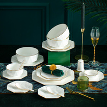 Nordic bone china dishes set White simple Jingdezhen ceramic tableware light luxury Gilt Home set Bowl combination