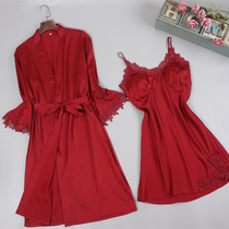 Japanese red harness pyjamas with two sets of womens summer home dress sexy silk with chest cushion ice silk sleeping dress