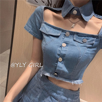 Summer 2020 new womens suit port wind retro short umbilical top A word pleated skirt denim two-piece set