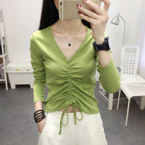 Mind niche drawstring top womens 2021 autumn and winter new avocado green long-sleeved t-shirt women wear a base shirt