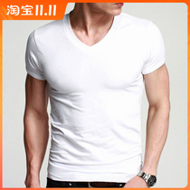 Mens cotton short sleeve solid color tight base shirt size half sleeve slim underwear vneck summer vest T-shirt