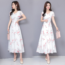 Chiffon floral dress 2021 New temperament elegant slim summer dress large size female cover belly slim Medium-length dress
