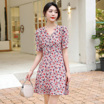 Mularsa broken floral dress 2022 spring and summer new female short sleeve V collar small subpink snowspun printed short dress