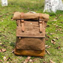 奇古西防污新潮流男背包油蜡帆布包学生书包双肩电脑包旅行包男包