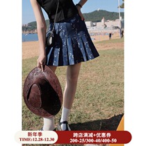 Ouyang Xi denim jacquard-resistant pleated skirt summer thin high-waisted loose thin a-shaped short skirt women