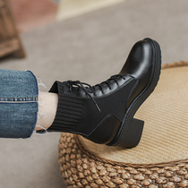Martin boots British style thin women 2021 autumn and winter New thick heel stretch boots knitted lace-up thick bottom round single boots
