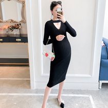 Pregnant women autumn knitted dress 2019 hot mom slim halter neck skirt fashion autumn and winter bottoming sweater long skirt