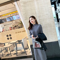 Lazy wind high collar long sleeve head over knee sweater skirt women autumn and winter 2021 loose base knitted dress