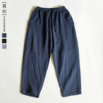 Spring new cotton and hemp casual pants Chinese style original loose large size mens wide-leg pants nine-point pants Harun pants
